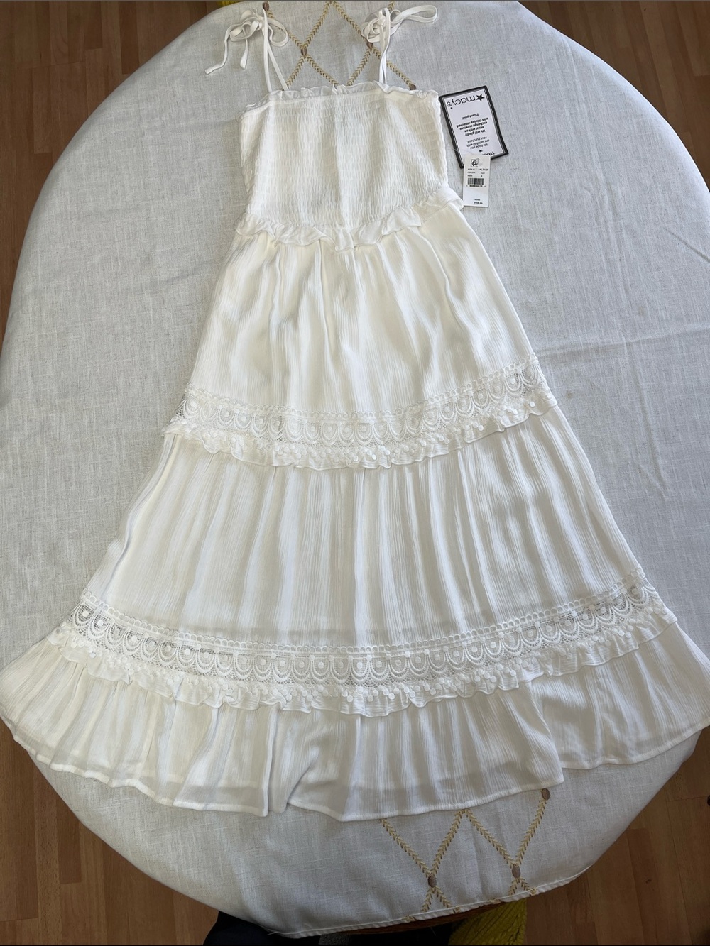 Bebe White Smocked Tie Strap Tiered Lace Maxi Sundress Sz Small NWT